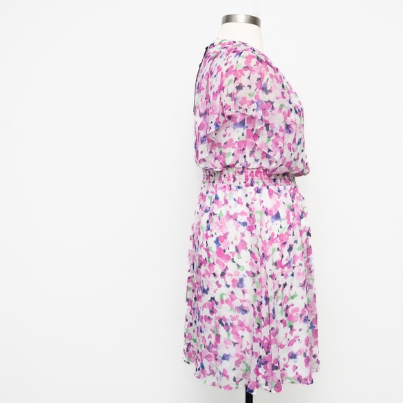 DKNY - Flutter Sleeve V-Neck Floral Chiffon Dress - Picture 3 of 10